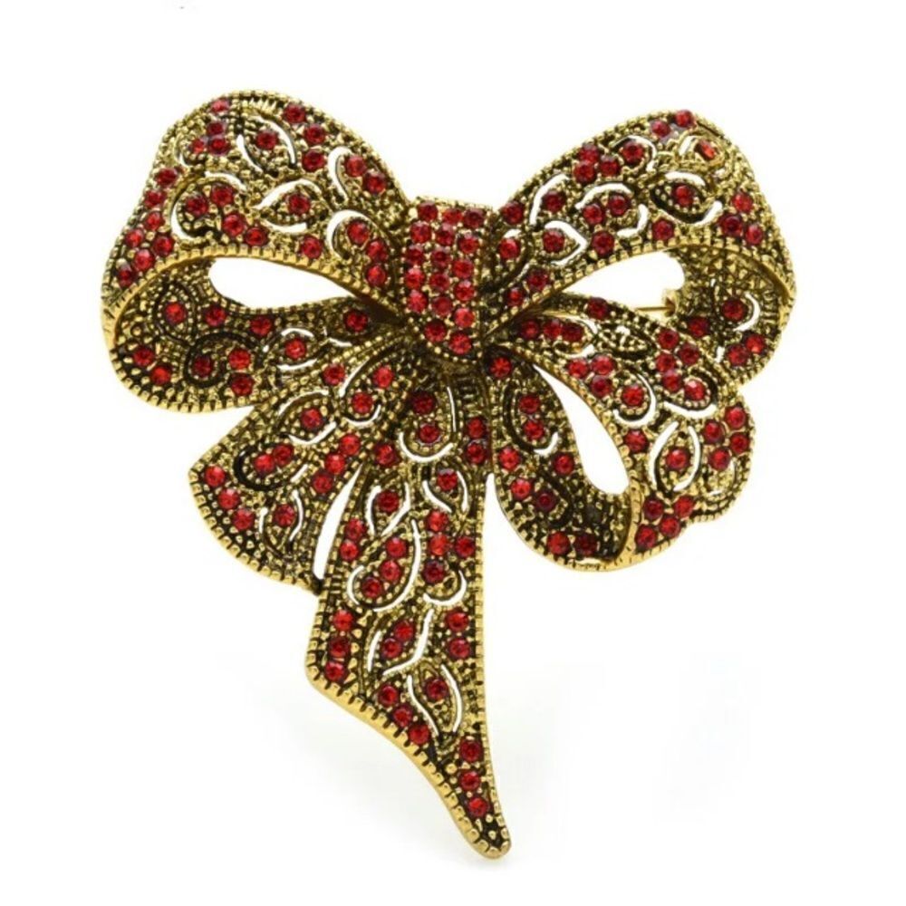 Vintage Red Holiday Gold Deco Classic Rhinestone Bow Large Bowknot Brooch Pin🎁